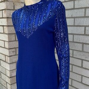St. John Cobalt Blue Sequin-Trim Long Sleeve Dress